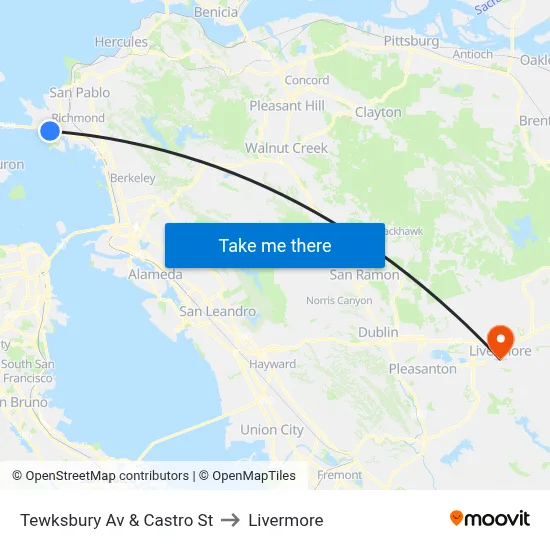 Tewksbury Av & Castro St to Livermore map