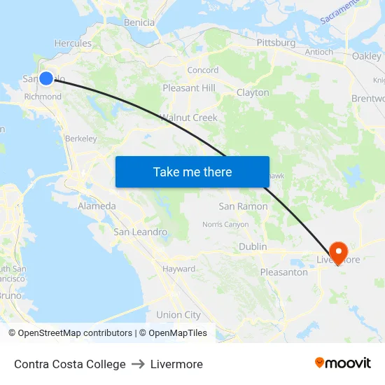 Contra Costa College to Livermore map