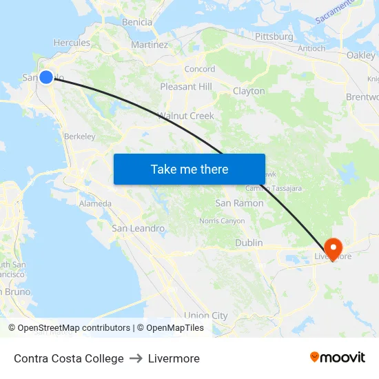 Contra Costa College to Livermore map