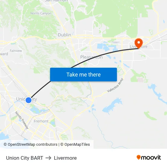 Union City BART to Livermore map