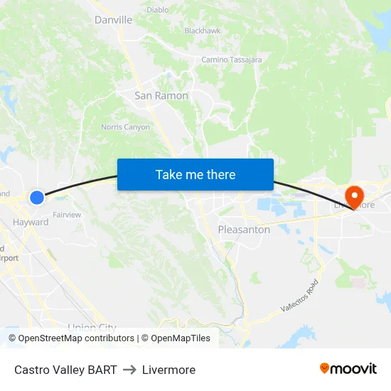 Castro Valley BART to Livermore map
