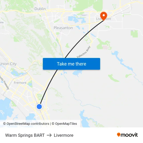 Warm Springs BART to Livermore map