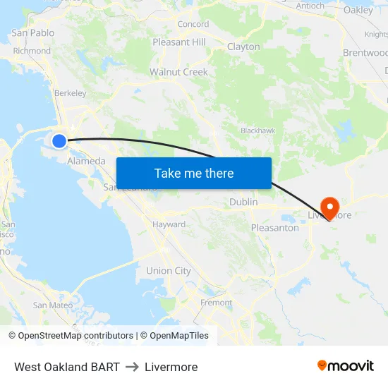 West Oakland BART to Livermore map