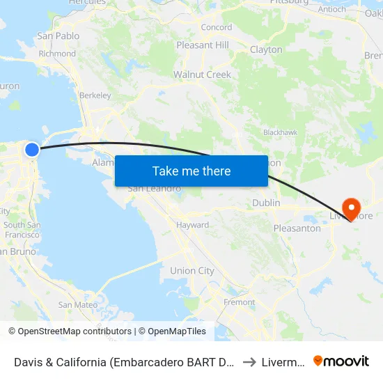 Davis & California (Embarcadero BART Drop Off) to Livermore map
