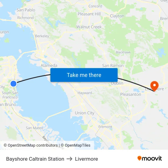 Bayshore Caltrain Station to Livermore map