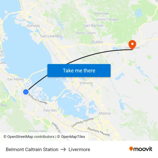Belmont Caltrain Station to Livermore map