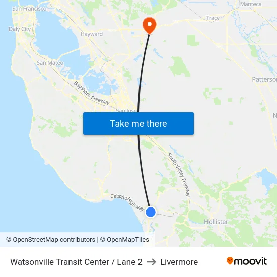 Watsonville Transit Center / Lane 2 to Livermore map
