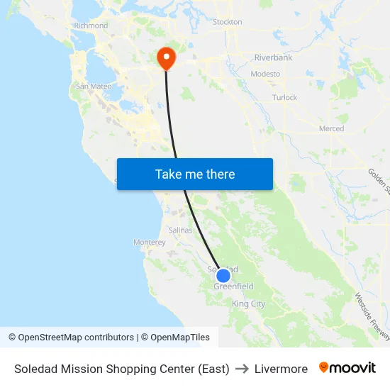 Soledad Mission Shopping Center (East) to Livermore map
