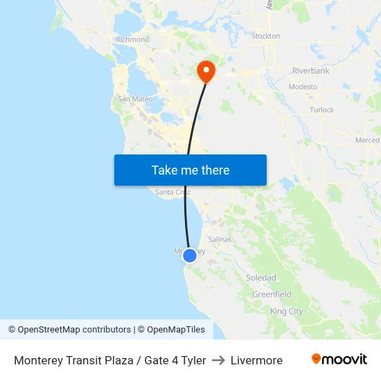 Monterey Transit Plaza / Gate 4 Tyler to Livermore map