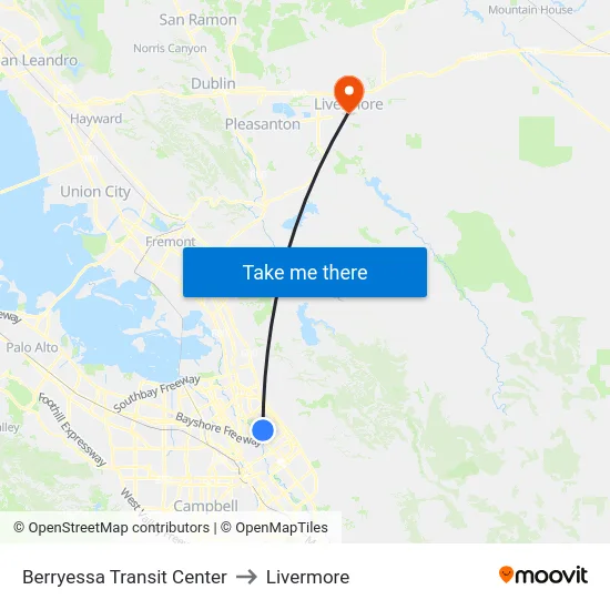 Berryessa Transit Center to Livermore map