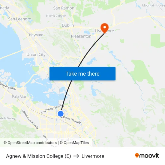 Agnew & Mission College (E) to Livermore map