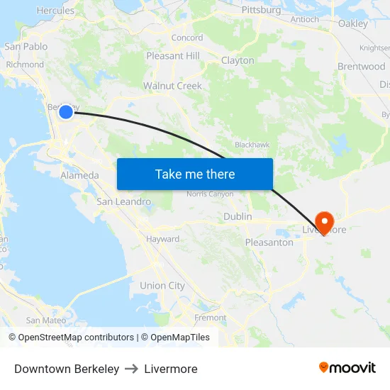 Downtown Berkeley to Livermore map