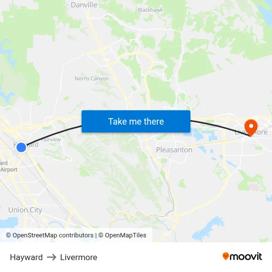 Hayward to Livermore map