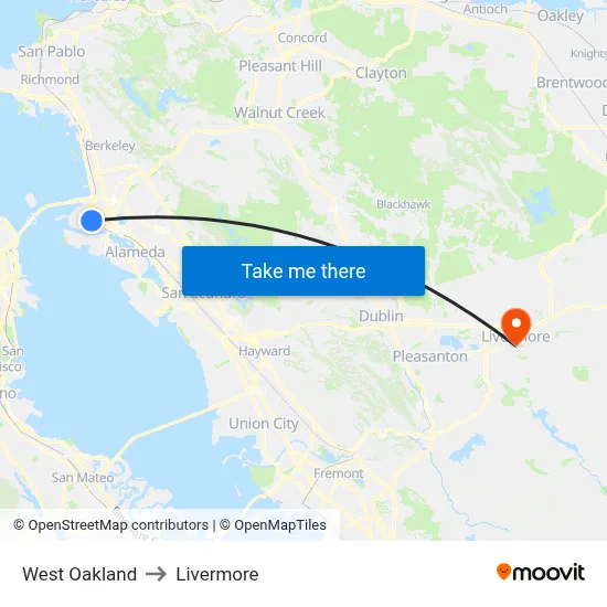 West Oakland to Livermore map