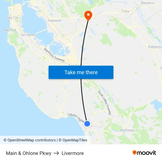Main & Ohlone Pkwy to Livermore map