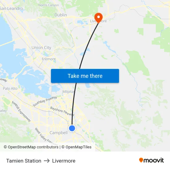Tamien Station to Livermore map
