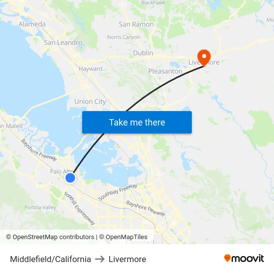 Middlefield/California to Livermore map