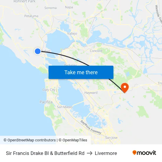 Sir Francis Drake Bl & Butterfield Rd to Livermore map