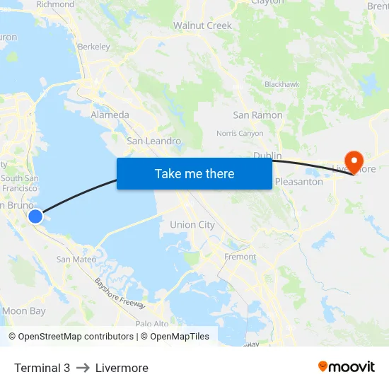 Terminal 3 to Livermore map