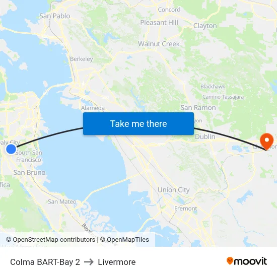 Colma BART-Bay 2 to Livermore map