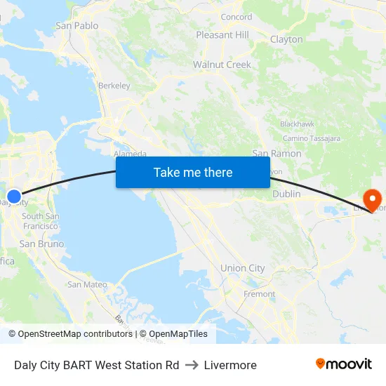 Daly City BART West Station Rd to Livermore map