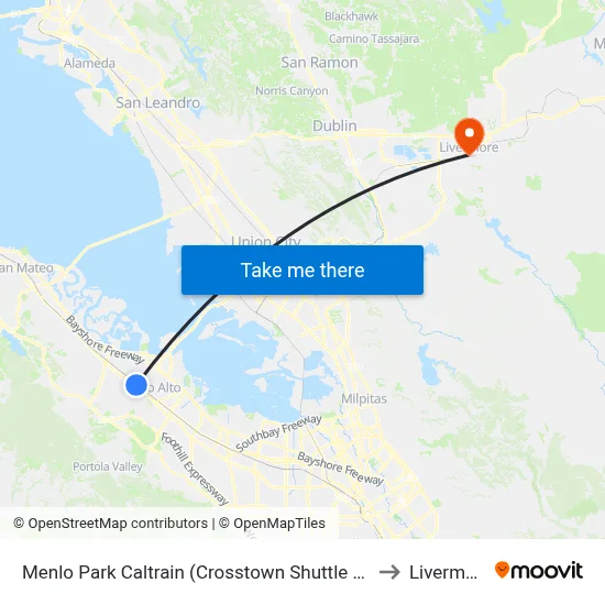 Menlo Park Caltrain (Crosstown Shuttle Stop) to Livermore map