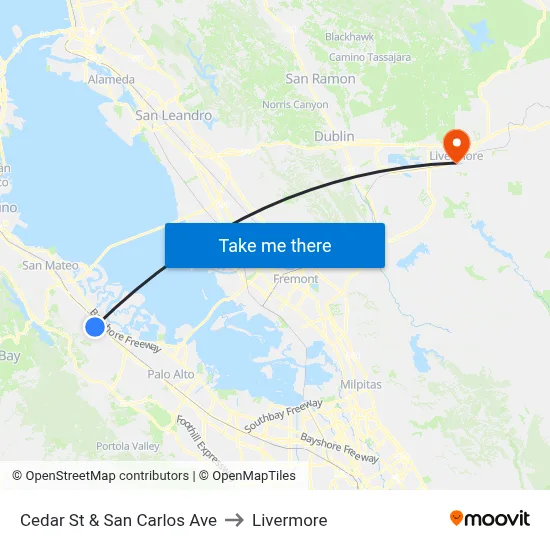 Cedar St & San Carlos Ave to Livermore map