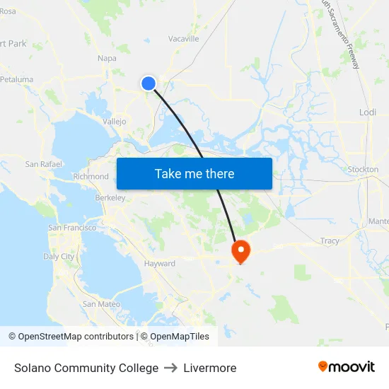 Solano Community College to Livermore map