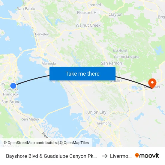 Bayshore Blvd & Guadalupe Canyon Pkwy to Livermore map