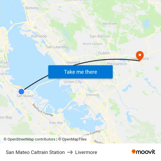 San Mateo Caltrain Station to Livermore map