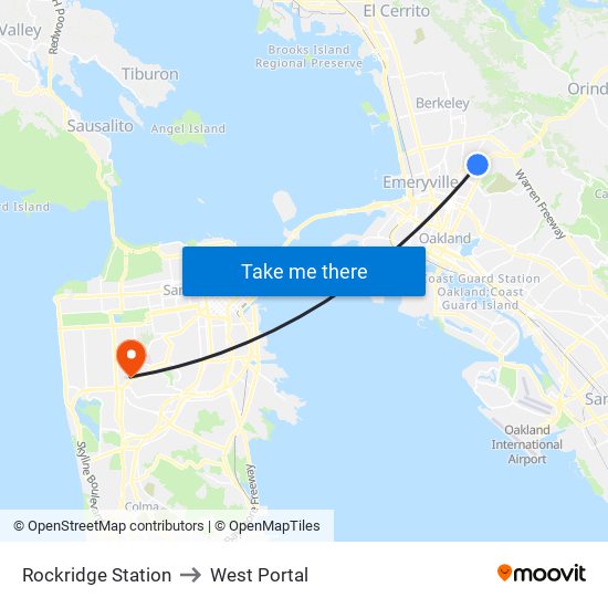 Rockridge Station to West Portal map