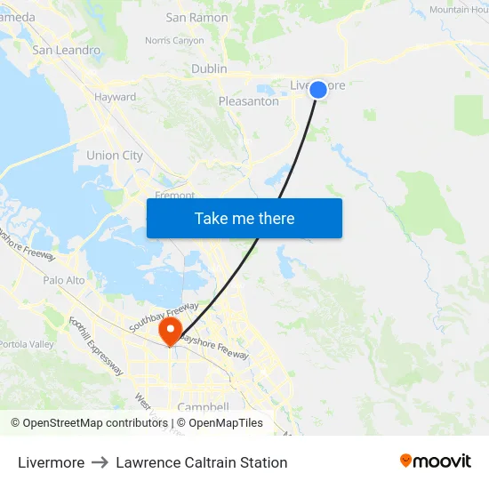 Livermore to Lawrence Caltrain Station map