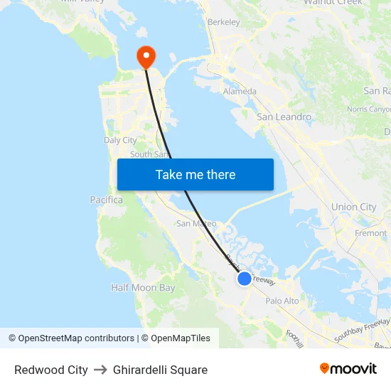Redwood City to Ghirardelli Square map