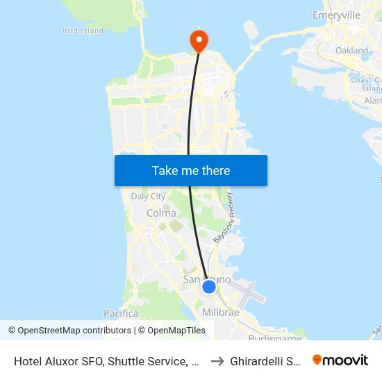 Hotel Aluxor SFO, Shuttle Service, San Bruno to Ghirardelli Square map