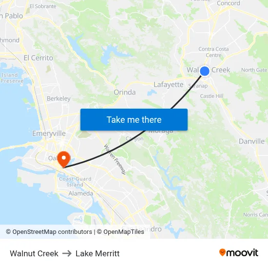 Walnut Creek to Lake Merritt map