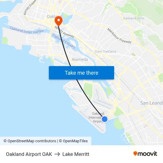 Oakland Airport OAK to Lake Merritt map
