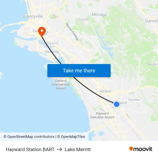Hayward Station BART to Lake Merritt map