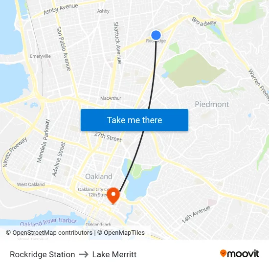 Rockridge Station to Lake Merritt map