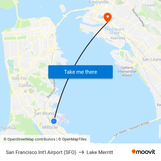 San Francisco Int'l Airport (SFO) to Lake Merritt map