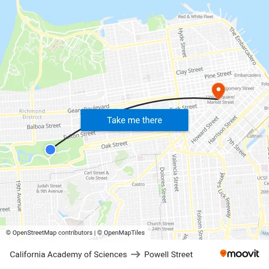 California Academy of Sciences to Powell Street map