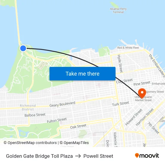 Golden Gate Bridge Toll Plaza to Powell Street map