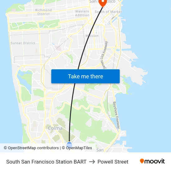 South San Francisco Station BART to Powell Street map
