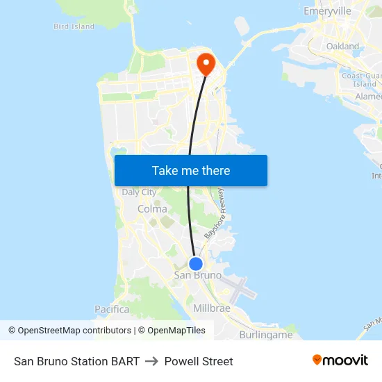 San Bruno Station BART to Powell Street map