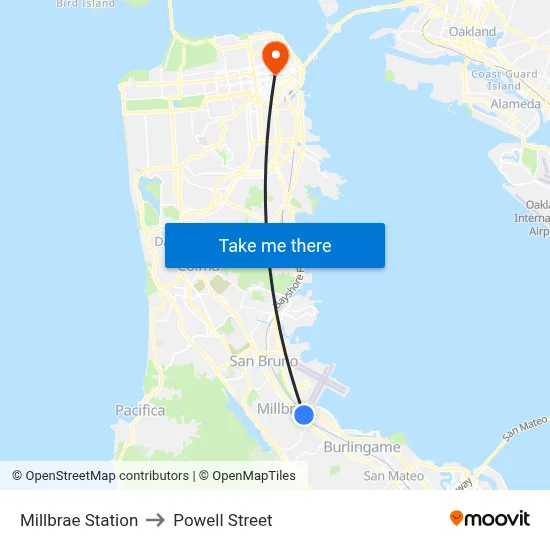 Millbrae Station to Powell Street map