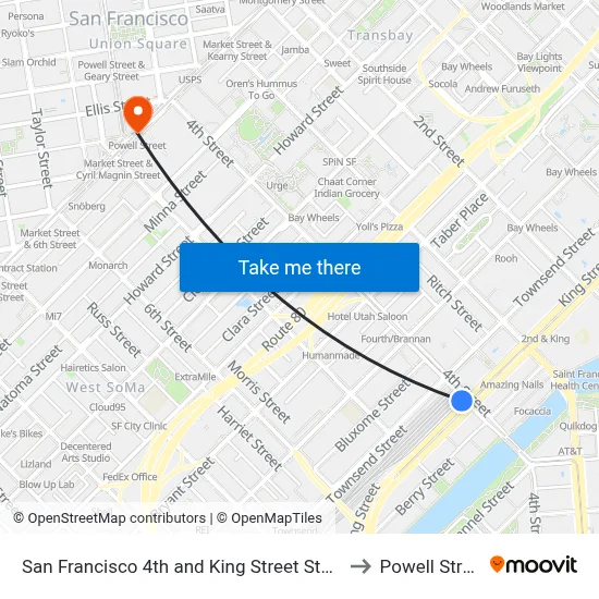 San Francisco 4th and King Street Station to Powell Street map