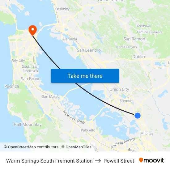 Warm Springs South Fremont Station to Powell Street map