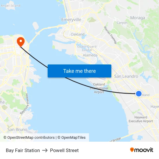 Bay Fair Station to Powell Street map