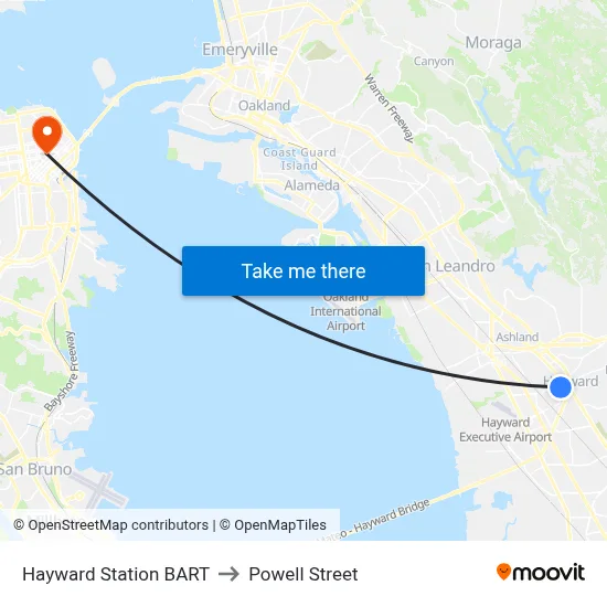 Hayward Station BART to Powell Street map