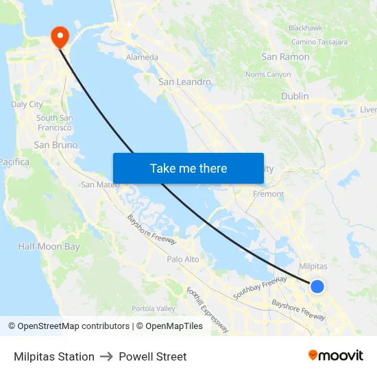 Milpitas Station to Powell Street map