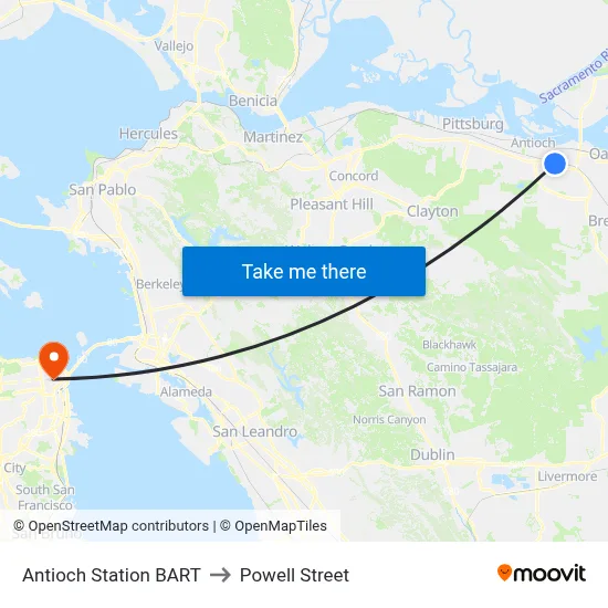 Antioch Station BART to Powell Street map